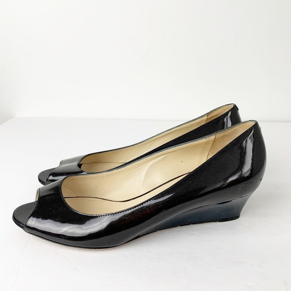 Jimmy Choo 39.5 Black Patent Peep Toe Wedge Pumps - Picture 3 of 8